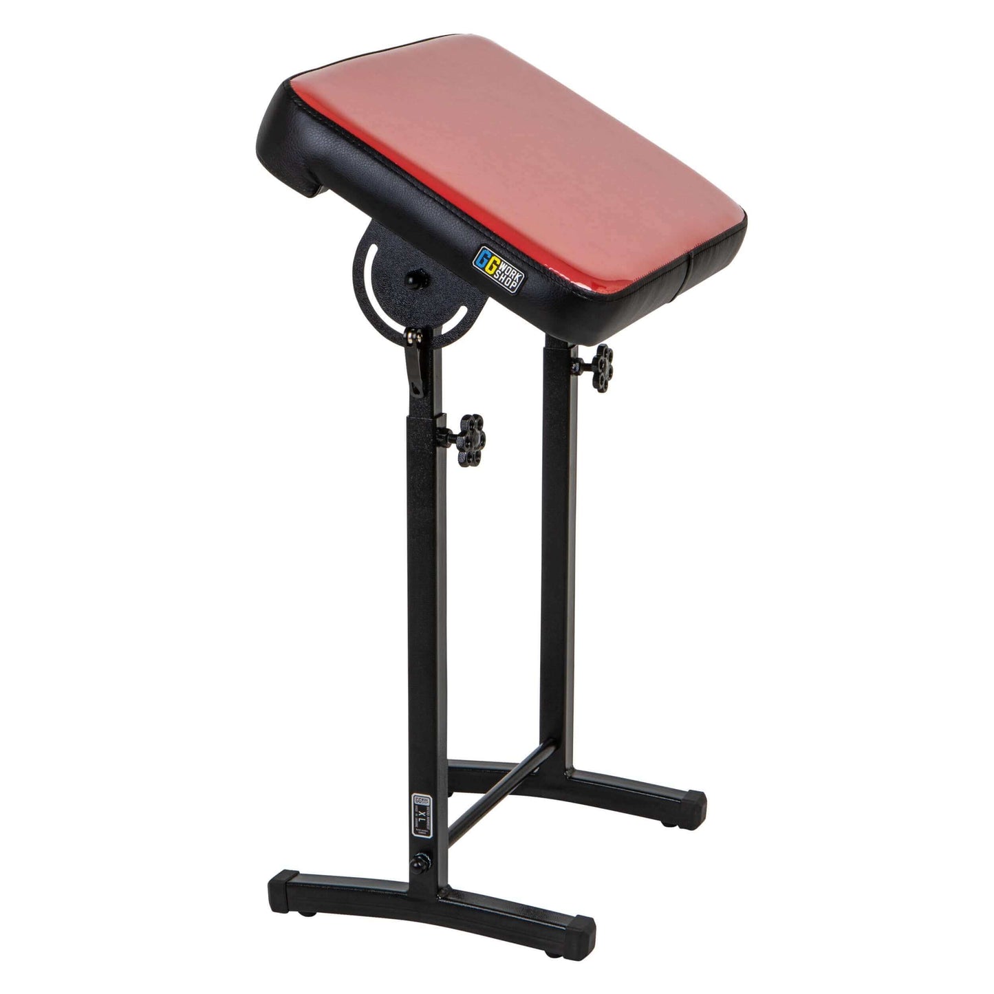Adjustable tattoo armrest with red vinyl tattoo pillow, ideal armrest for tattoo sessions, tattoo pillow for clients.