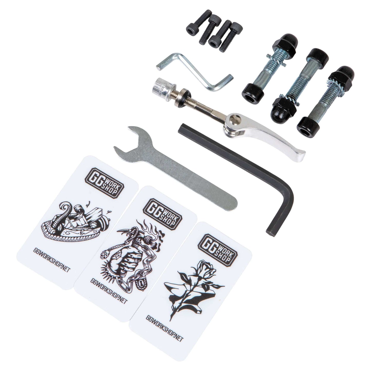 Tattoo armrest assembly kit with assorted tools, screws, and three vinyl tattoo pillow customized cards