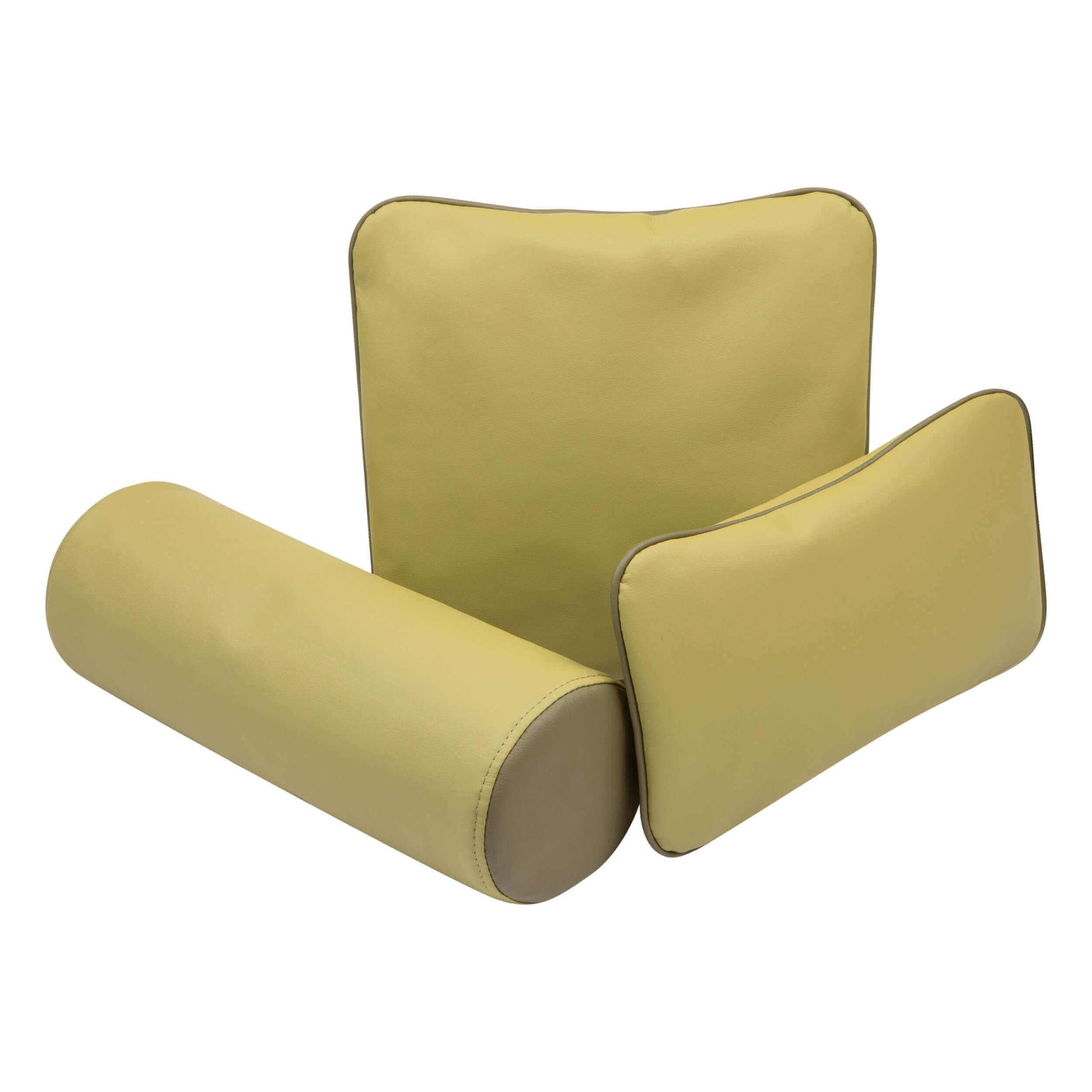 Yellow vinyl tattoo pillow set including armrest for tattoo, tattoo pillow for clients, tattoo armrests, and customized tattoo pillow pack.